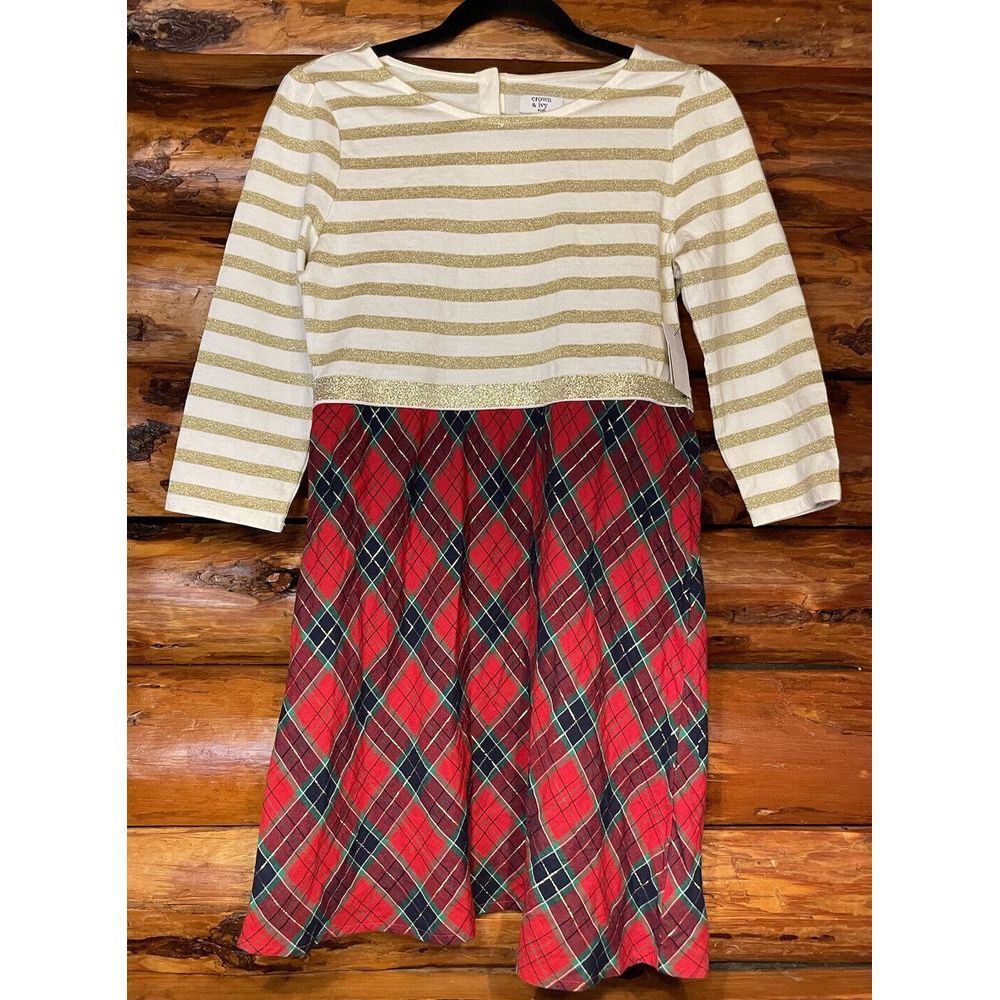 Crown & Ivy Kids Christmas/Holiday Gold Striped Plaid Dress Size Large‎